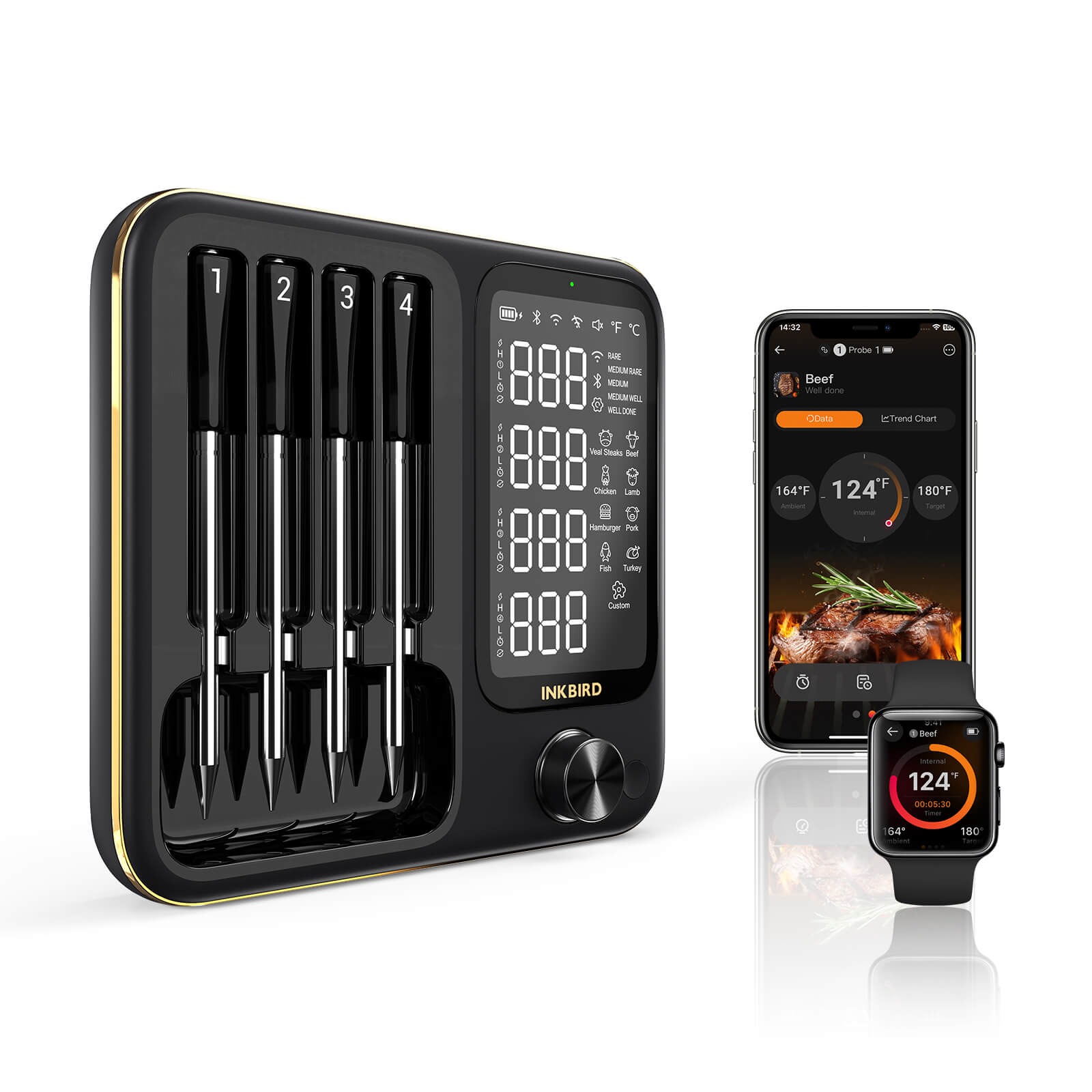 INT-14-BW Black Wireless Thermometer with Phone and Watch
