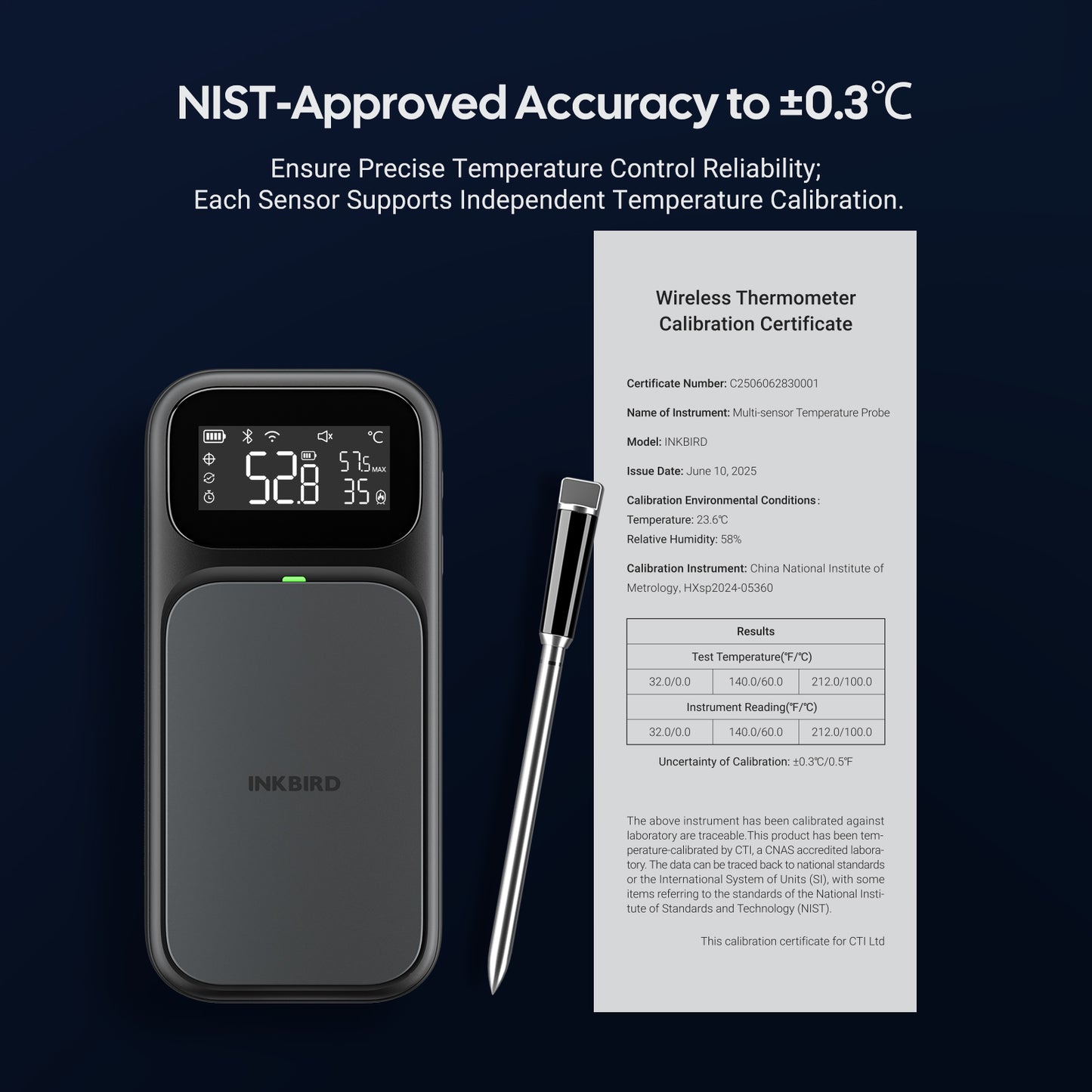 NIST-Certified WiFi & Bluetooth Meat Thermometer INT-31-BW