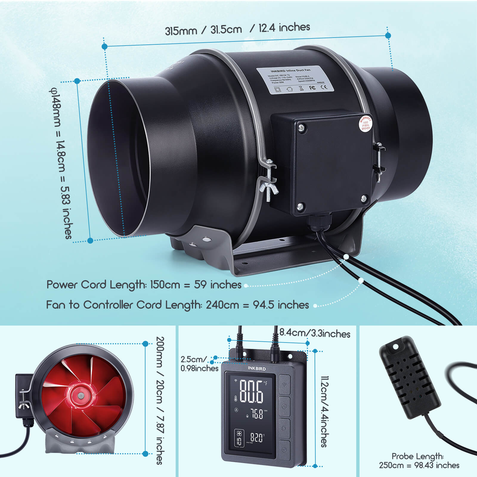 6" Smart Inline Duct Fan with Temperature Humidity Controller IVC - 001W - INKBIRD