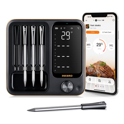 Black INKBIRD INT-14-BW 4-Probe Wireless Meat Thermometer with App and One Probe Outside