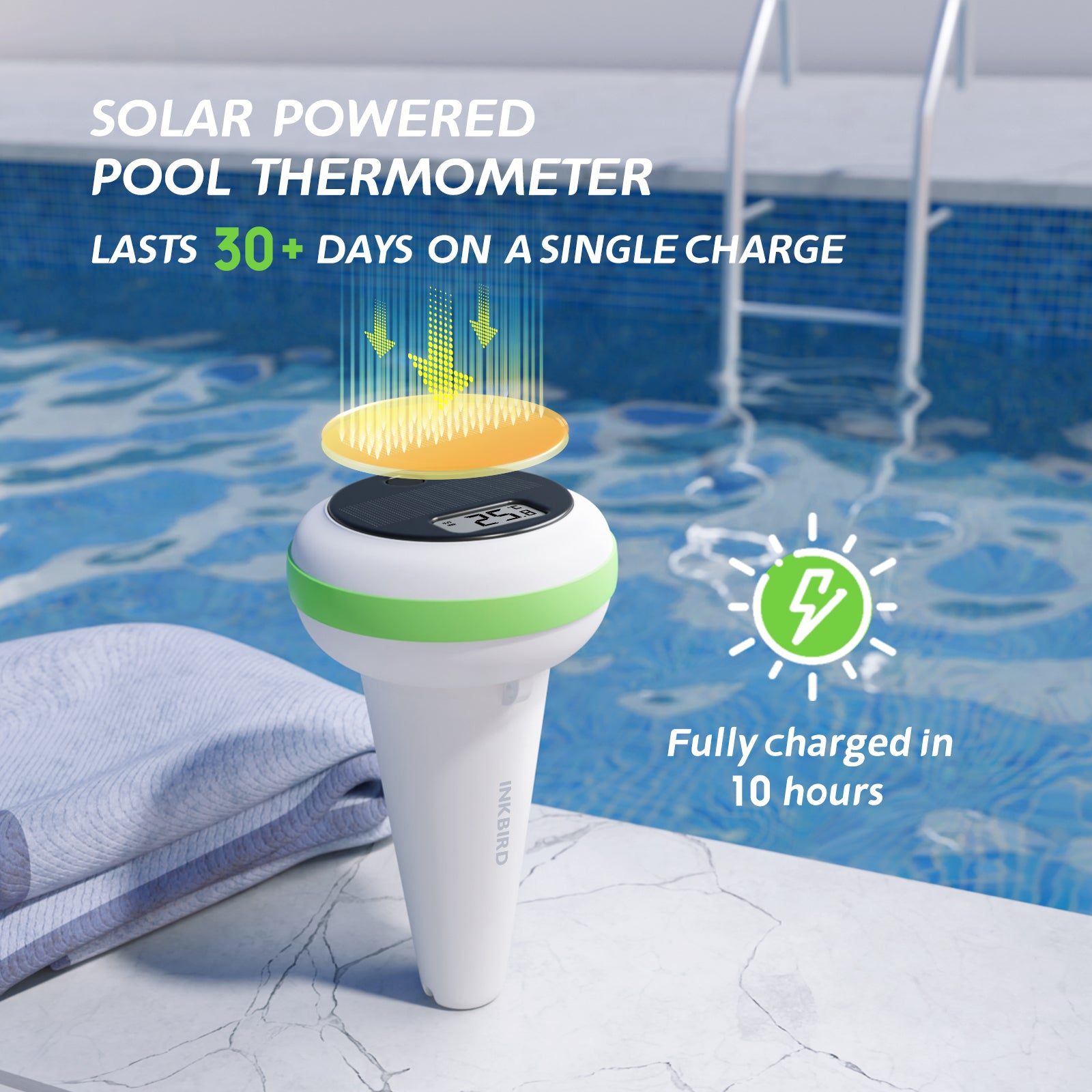 Full Solar Charged IBS-P03R Pool Thermometer for 30-Day Use