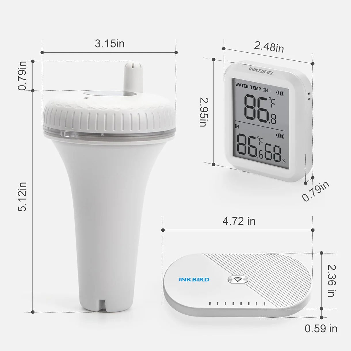 IBS-P01R Pool Thermometer Set and IBS-M1 WiFi Gateway Dimensions