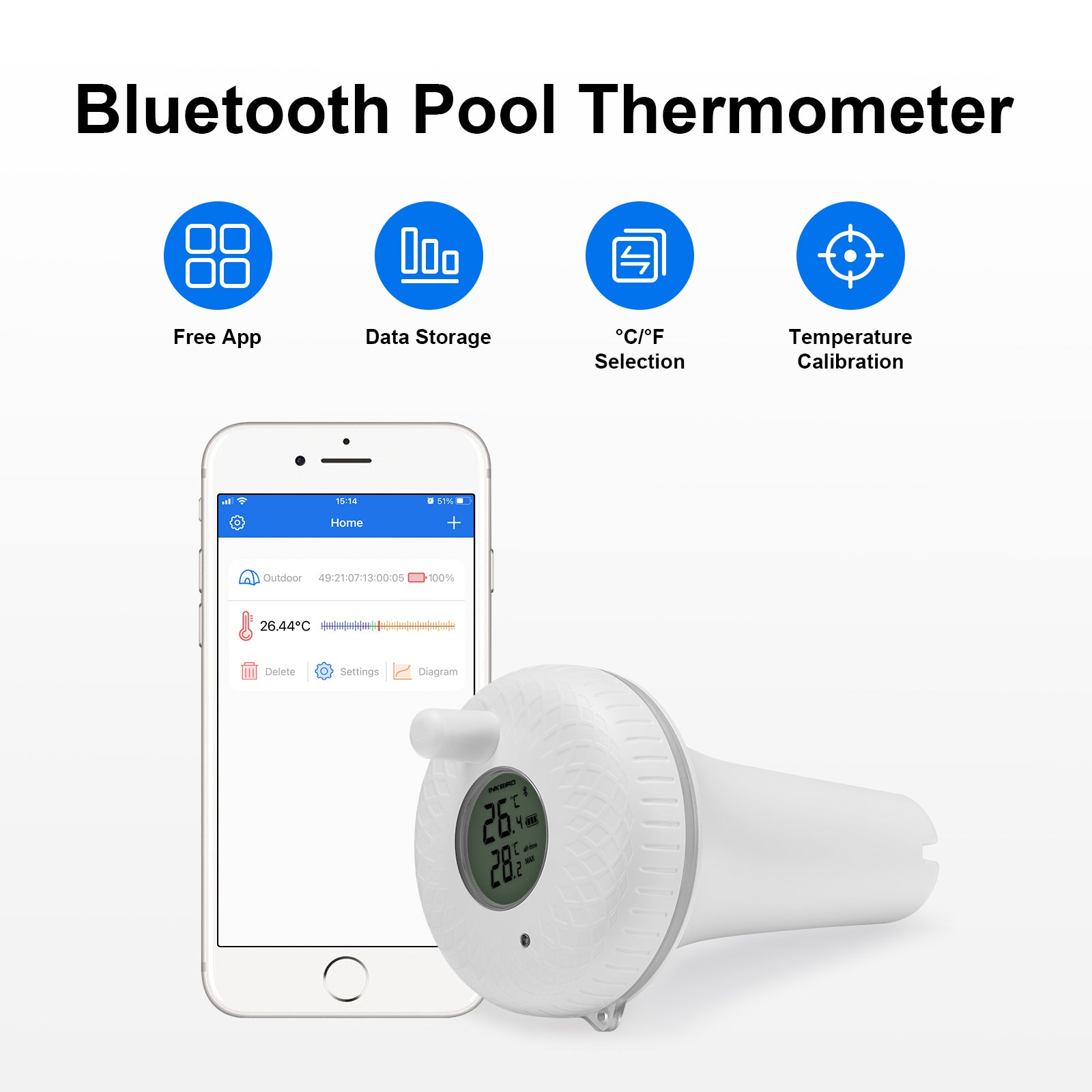 IBS-P02B Bluetooth Pool Thermometer with Features and Phone Connected