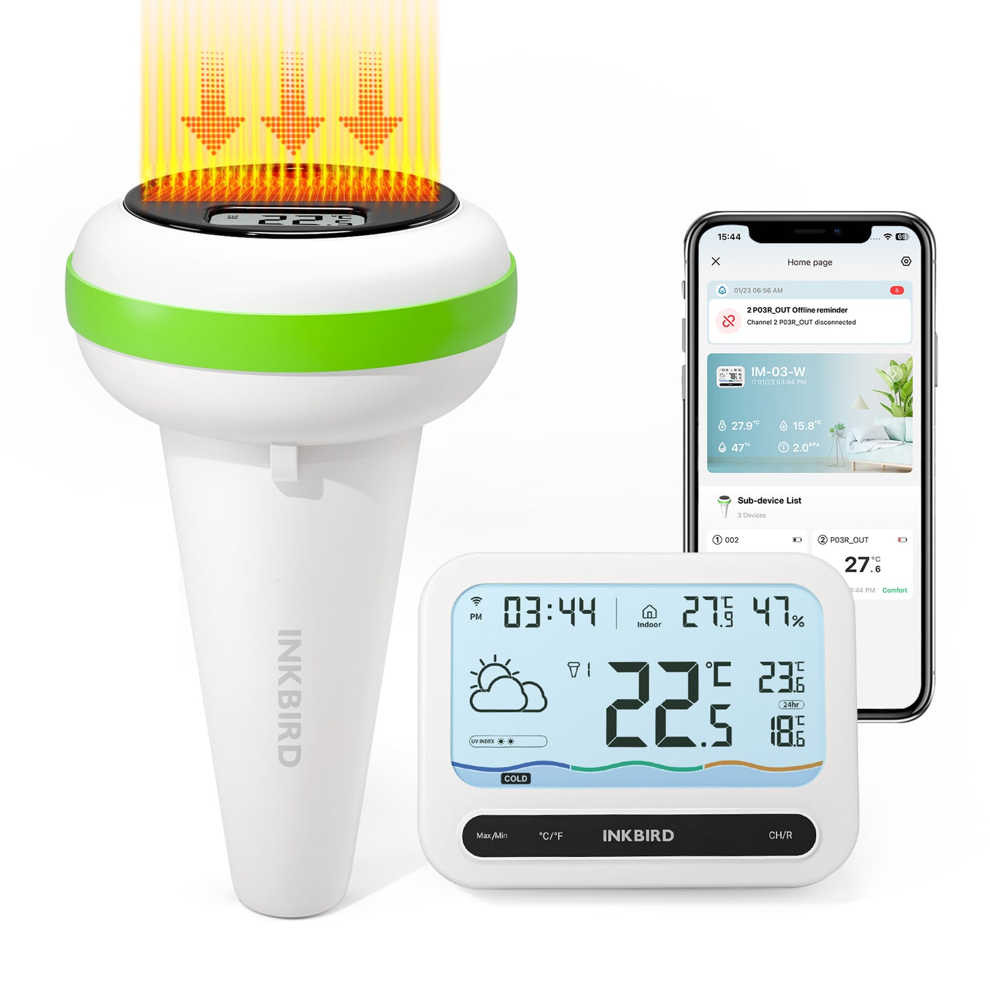 INKBIRD Solar-Powered Pool Thermometer IBS-P03R with WiFi Gateway IM-03 and Phone