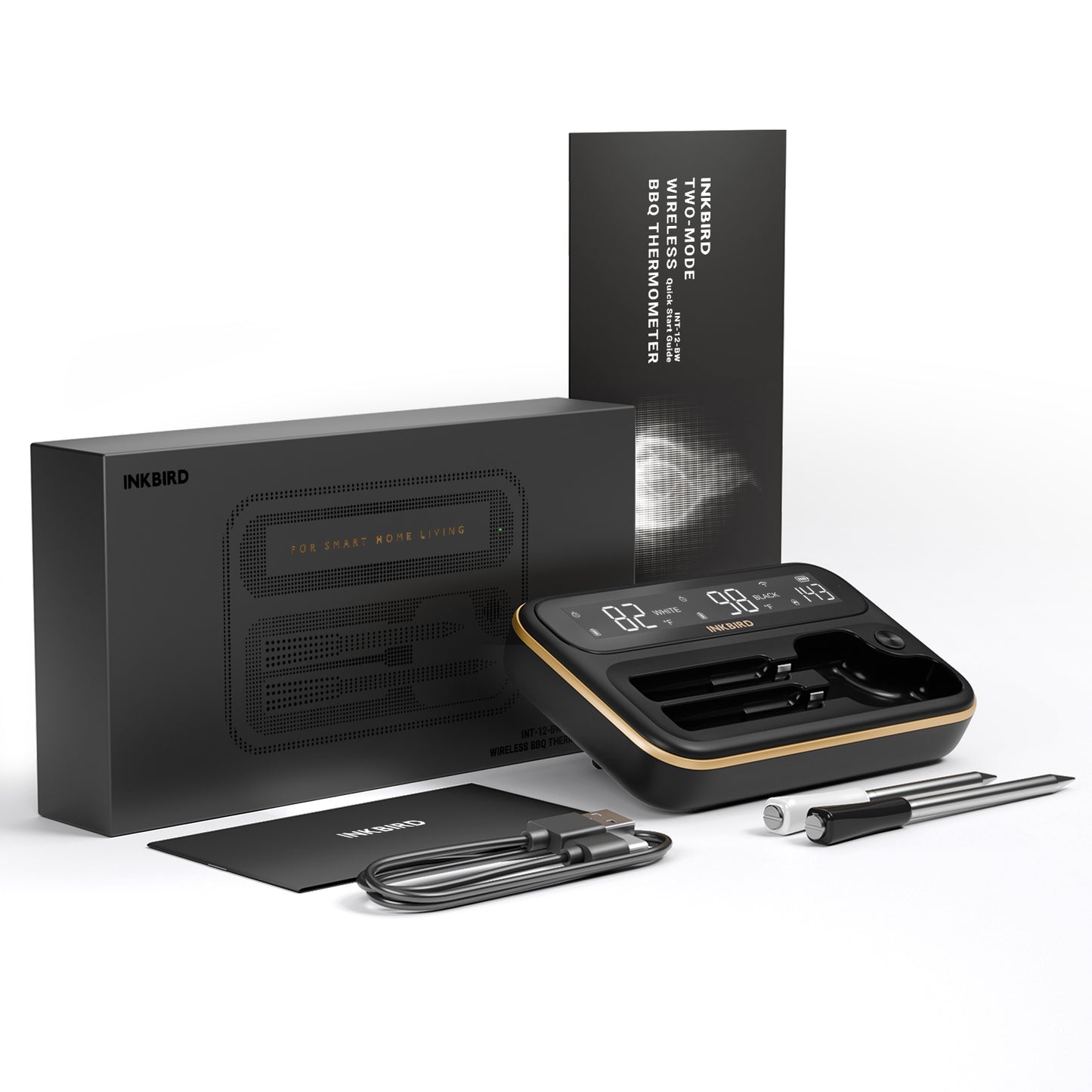 INT-12-BW WiFi/Bluetooth Meat Thermometer with Package and Components