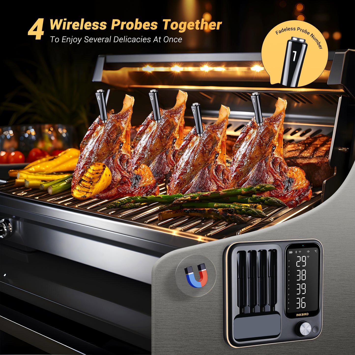 INT-14-BW 4 Wireless Probes Inserted in Chicken on the Grill