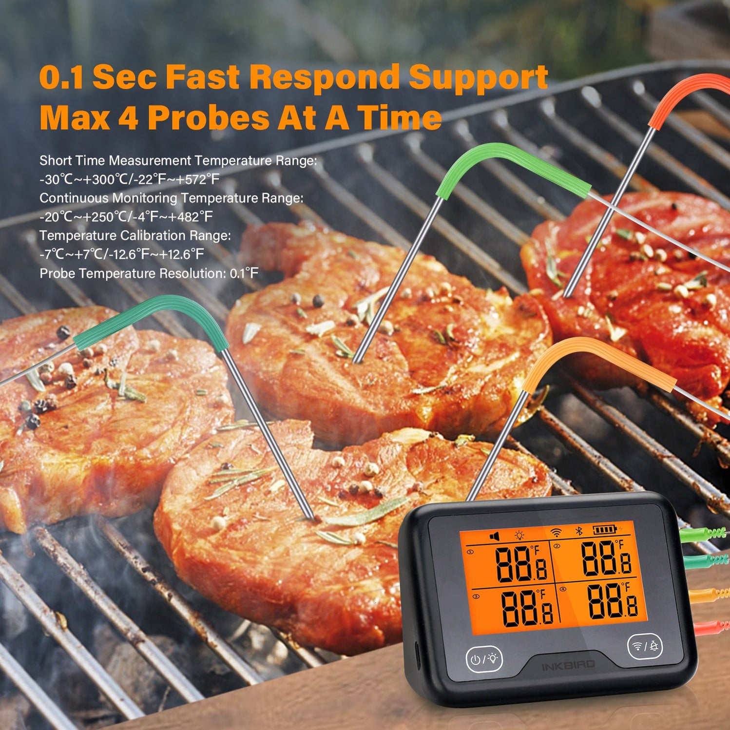 INKBIRD Wireless Wi-Fi & Bluetooth Grill Meat Thermometer IBBQ-4BW ...