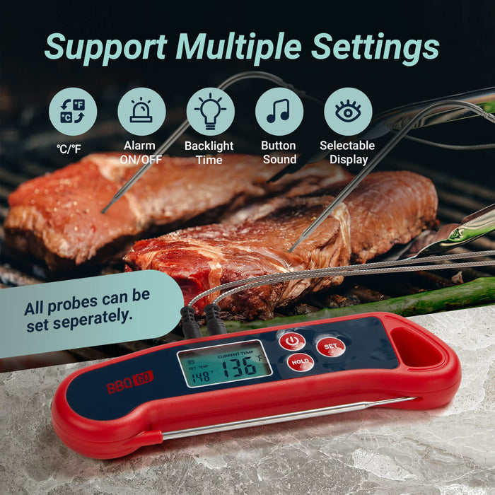 3 in 1 Digital Meat Thermometer, Instant Read Food Thermometer with 2  Detachable Wired Probe, Calibration, Alarm Function, LCD Backlight for  Grilling