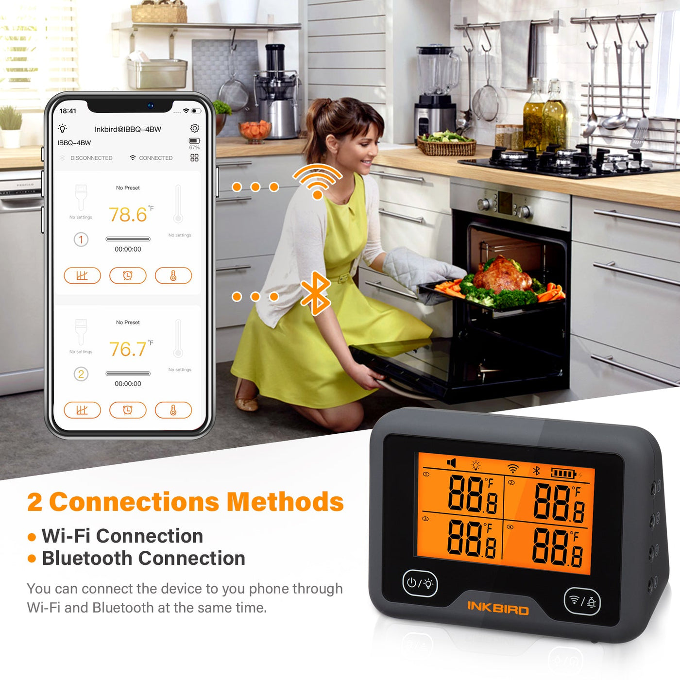 Inkbird Wireless Wi-fi & Bluetooth Grill Meat Thermometer Ibbq-4bw 